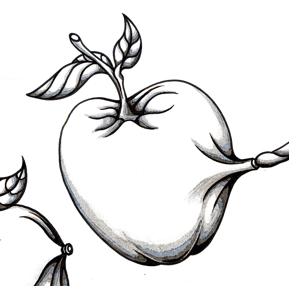 Mujer con jugosas manzanas de sudor y dos frenéticos amantes