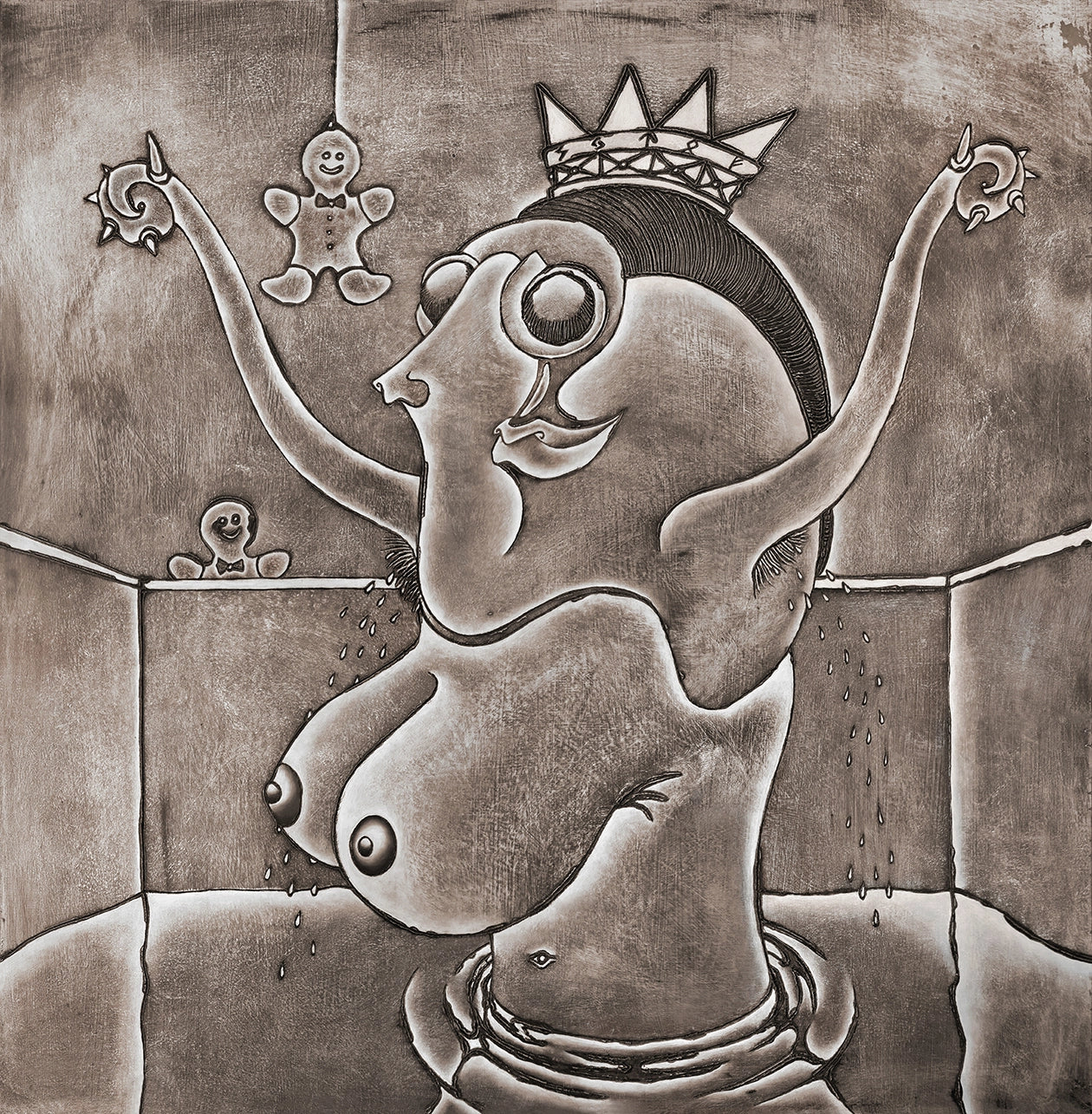 Dos muñequitos de jengibre enamorados de las grandes tetas de la reina bañadas en sudor
