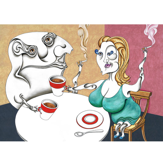 Dos amantes fumando y tomando café después de hacer el amor